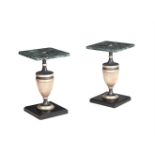 A pair of painted wood and marble topped low occasional tables, 20th century, each with square top