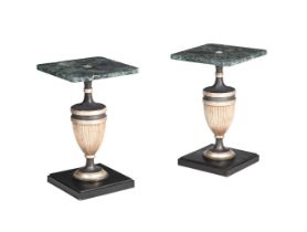 A pair of painted wood and marble topped low occasional tables, 20th century, each with square top