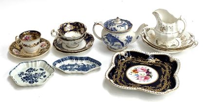 A mixed lot of teawares, including early 19th century Ridgway teacup and saucer, heightened in gilt;