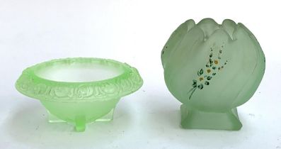 Two Art Deco green glass bowls