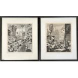 A pair of Hogarth prints, Gin Lane and Beer Street, each 25x21cm