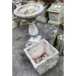 A composite stone bird bath, 72cmH, together with a planter, 36cmL, and two composite stone
