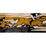 20th century linocut depicting flatracing, signed indistinctly in pencil, 26x60cm