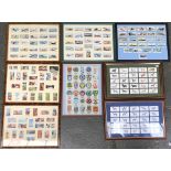 A quantity of framed and glazed cigarette, tea cards and silks to include an uncut set of Mobil