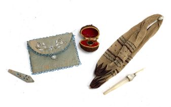 Sewing and needlework interest: A Victorian miniature necessaire fitted inside a walnut shell with