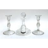 A pair of hand blown cut glass candlesticks (chips), domed spreading foot, 25.5cmH; together with