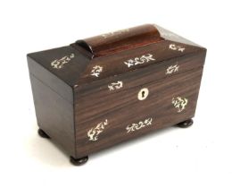 A 19th century mother of pearl inlaid sarcophagus tea caddy, 23cmW