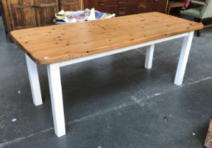 A large pine kitchen table with white painted base, 183x76x75cmH