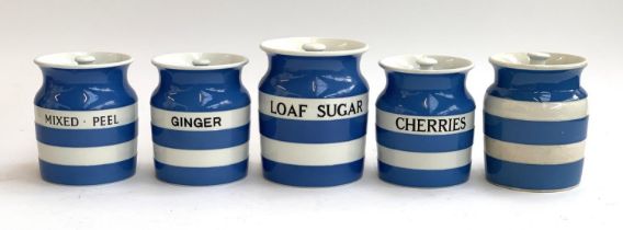 Five vintage T.G Green Cornishware storage jars, 'Cherries' 'Mixed-peel', 'Loaf sugar', 'Ginger' and