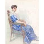 Portrait of an Edwardian lady, seated in a blue dress, watercolour, signed indistinctly, 40.5x31cm