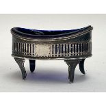 A George III silver navette shape salt, with blue glass liner (chipped), London 1788, 8.2x6cm