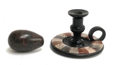 An agate specimen pietra dura candlestick holder, 5cmH; together with a mineral egg