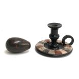 An agate specimen pietra dura candlestick holder, 5cmH; together with a mineral egg