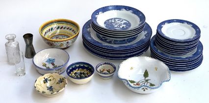 Box of ceramics to include Royal Norfolk blue and white plates, Majolica bowls, etc