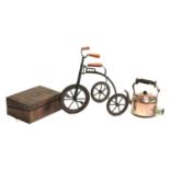 An early copper electric kettle, toy tricycle 41cmH, and a parquetry writing box, 29cmW