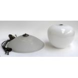 Three glass ceiling light shades, the milk glass globe shade 22cmL. the frosted glass shade 42cmD,