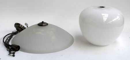 Three glass ceiling light shades, the milk glass globe shade 22cmL. the frosted glass shade 42cmD,