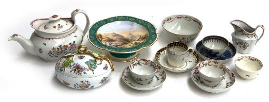 Small lot of 18th and 19th century teawares, to include a hand painted tazza depicting alpine scene;