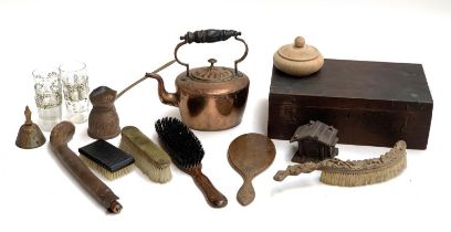 A mixed lot to include copper kettle, carved wood brush with acorn and oak leaf decoration;