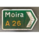 A metal road sign for Moira A26, 45x78cm