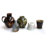 Five pieces of studio pottery to include a Peter Arnold vase; a lidded pot marked JH and a blue