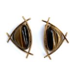 A pair of modernist 9ct gold and tigers eye cabochon clip on earrings, 4cmL, 11.9g gross weight