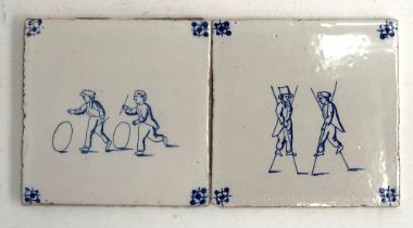 Two Antique Delft Blue and White Tiles: men on stilts, children playing hoops, 13x13cm