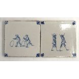 Two Antique Delft Blue and White Tiles: men on stilts, children playing hoops, 13x13cm