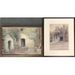 20th century watercolour study of Great Court, Trinity College, Cambridge, 35x25cm, together with