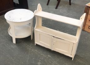 A white painted spice rack, 53cmW; together with a small occasional table