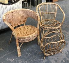 Two wicker conservatory chairs; together with a magazine rack