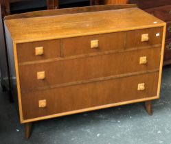 A mid century walnut chest of drawers, bears label for Bath Cabinet Makers ltd, 107x46x77cmH