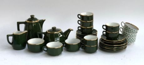A French Apilco green and gilt porcelain tea and coffee service, green and white ceramic cups etc