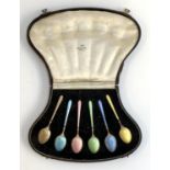 A cased set of six silver and guilloche enamel coffee spoons, by Walker & Hall, Birmingham 1936