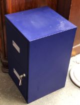 A blue filing cabinet with two drawers, 66cmH