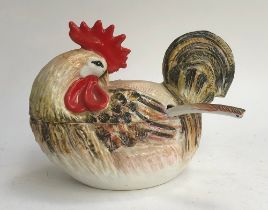 A large Italian hand painted ceramic chicken tureen with ladle designed for Neiman Marcus, 28cmH