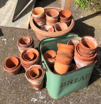 A large quantity of small terracotta pots together with a large plastic pot and an enamel bread bin