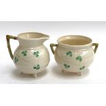 A Vintage Belleek porcelain cauldron style jug & sugar bowl