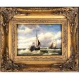 A lacquered print depicting ships in a rough sea, in a gilt style frame, 11x17cm