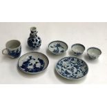 A Chinese blue and white dish with floral design (repaired), 12cmD; together with two Chinese blue