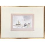 Follower of David Cox, 'Shipping by a jetty', watercolour, 16x25cm