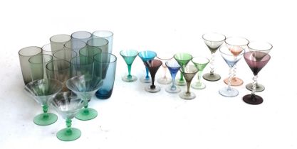 A quantity of vintage coloured glass: five martini glasses with twisted stems; tumblers etc