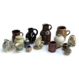 Box of studio pottery including Winchcombe lidded pot, unmarked, Japanese jug, marked, etc