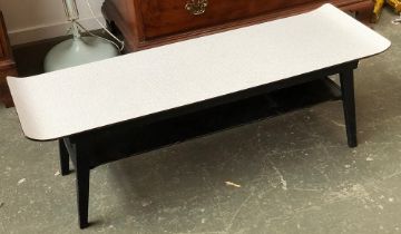 A formica topped mid century coffee table with black base, 111x38x38cmH