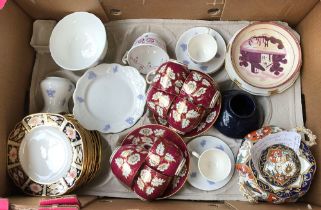 A box of ceramics to include Royal Crown Derby traditional Imari tea plates, antique cups & saucers,