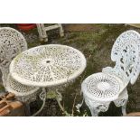 A white painted aluminium garden table with matching chairs (one chair af)