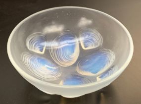 A small circular 'Coquilles' opalescent glass bowl with moulded mark 'Sabino, Paris', 12cmD