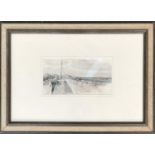 Early 20th century monochrome watercolour, heightened in white, depicting sea defences on a