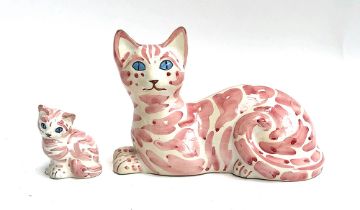 Italian Majolica Art Pottery Pink Cat & Kitten figurines, 22cmL