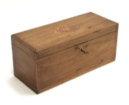 A mahogany and line inlaid box, top with central marquetry depicting a stag, interior with